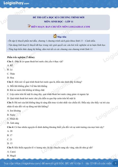 Đề thi giữa kì 1 Sinh 11 Cánh diều - Đề số 2